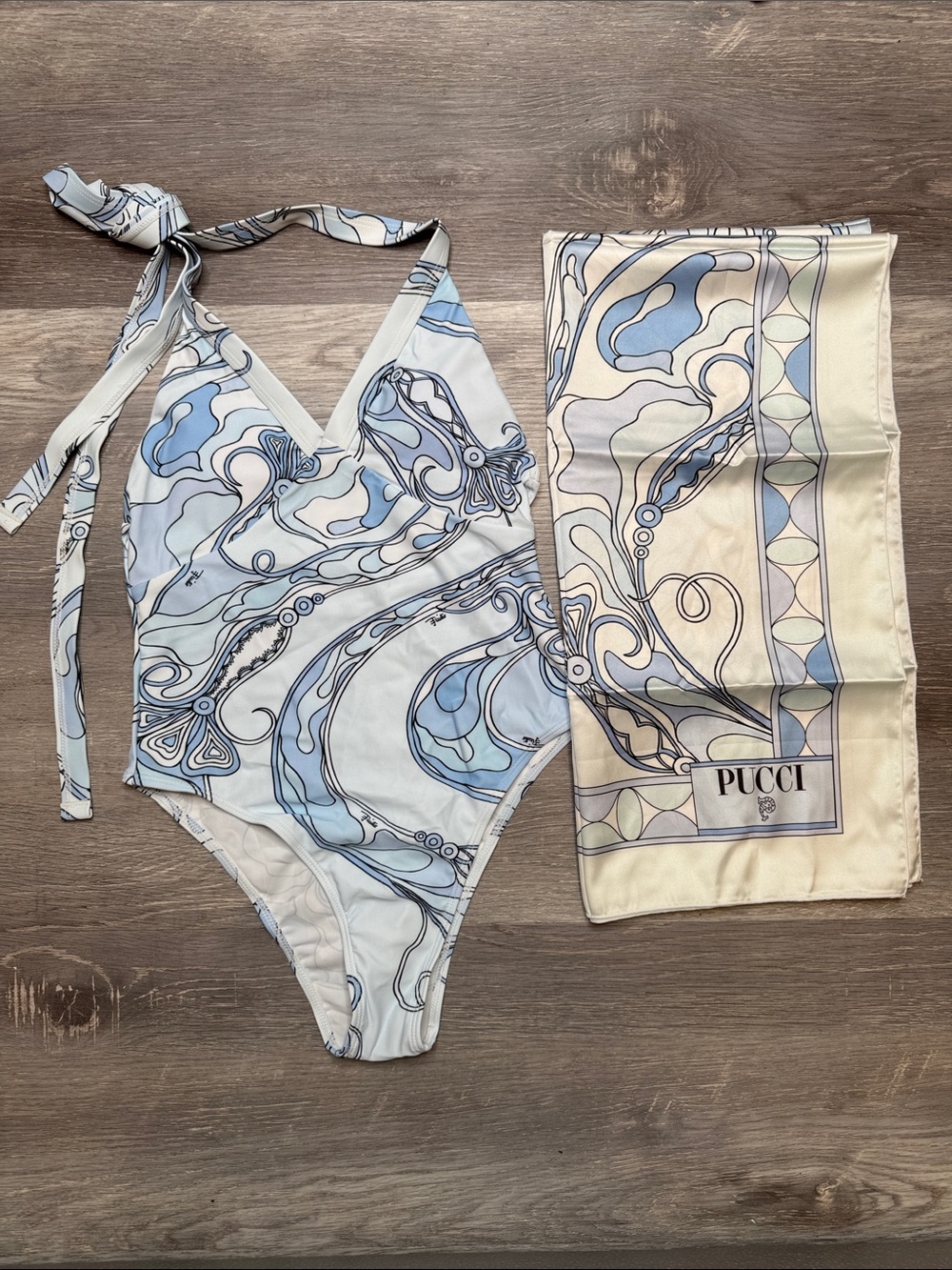 Emilio Pucci Light Blue & Cream Swirl Halter One-Piece with Matching Pucci Scarf